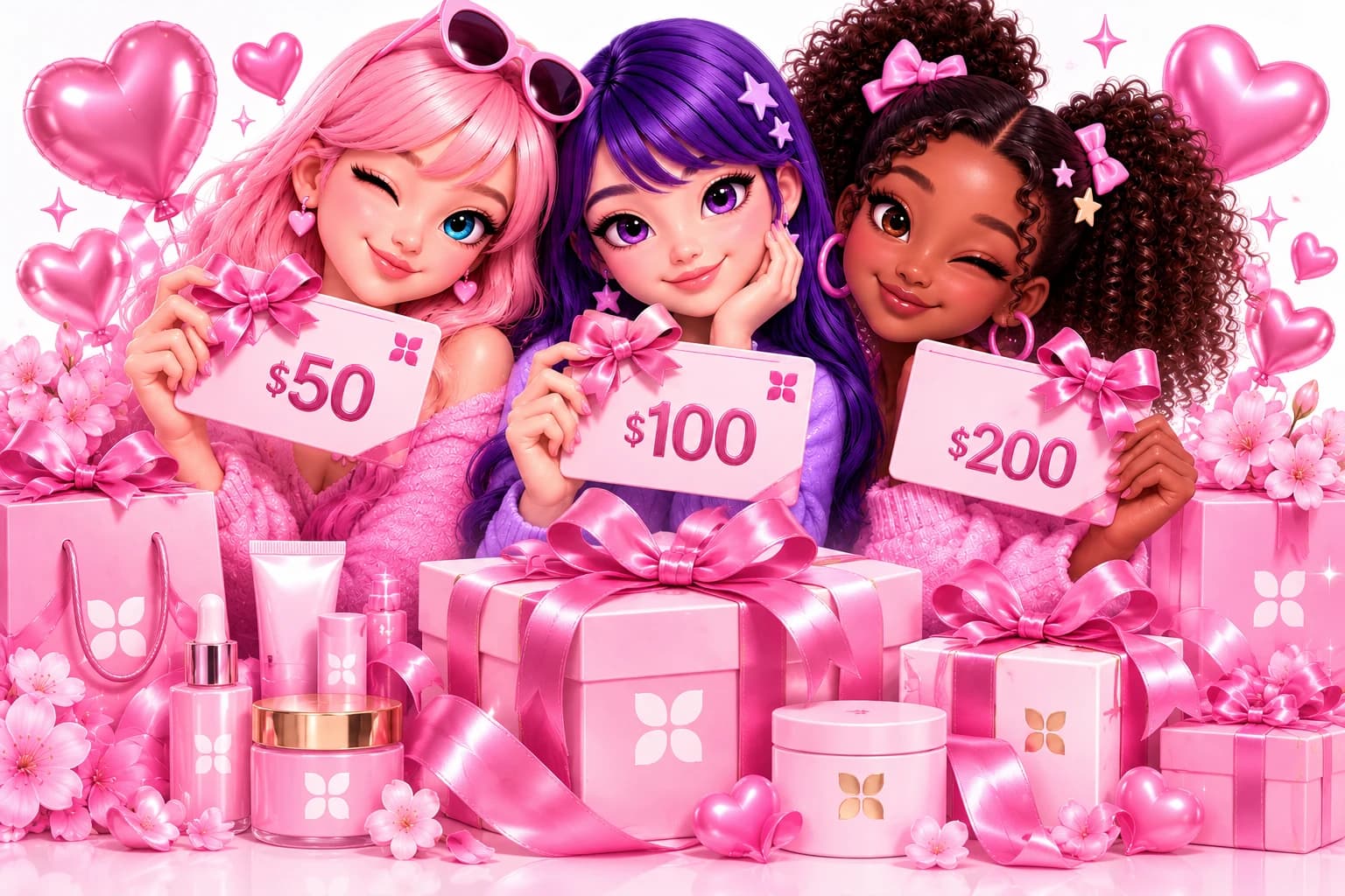 Zuri, Luna and Mimi holding SparkleSkin $50, $100 and $200 gift cards
